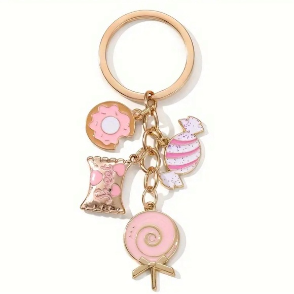 NXQXN Sweet Pink Candy & Donut Charm Keychain - Gold-Toned - Picture 1 of 5